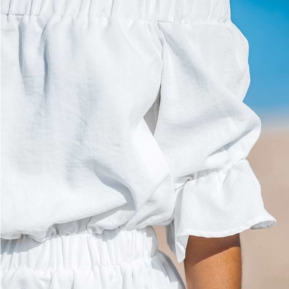 White Off-Shoulder Ruffled Trim Mini Dress - Picture 2 of 6